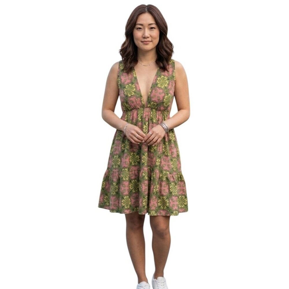 House of Harlow 1960 Linen Blend Green & Pink Floral Halter Dress with Pockets S